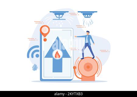 Flame in house remote notification. Smart home, high tech. Fire alarm system, fire prevention methods, smoke and fire alarm concept. flat vector moder Stock Vector