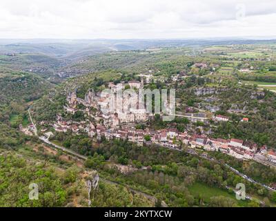Aerial view of Beautiful village Rocamadour in Lot department, southwest France. Its Sanctuary of the Blessed Virgin Mary, has for centuries attracted Stock Photo