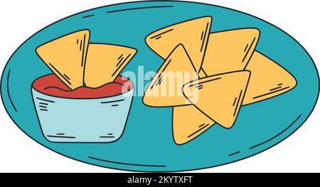 Mexican appetizer nachos with sauce clip art. Latin American food vector illustration. Corn chips with spicy addition colored doodle Stock Vector