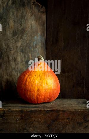 Vertical shot of an orange dry pumpkin with an old wooden background Stock Photo