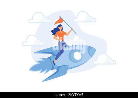 Leadership and job promotion. Successful project, startup launching, development. Team leader, CEO flat character. Cartoon woman sitting on rocket. fl Stock Vector