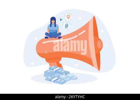 Content marketing. Copywriting, blogging, creative writing. Female cartoon character sitting on megaphone. SMM, Internet promo flat design element. fl Stock Vector