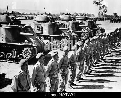 A vintage photo circa March 1943 of a line of American built M3 Grant medium tanks on parade in Australia during World War 2. These vehicles were provided under the lend lease scheme. Stock Photo