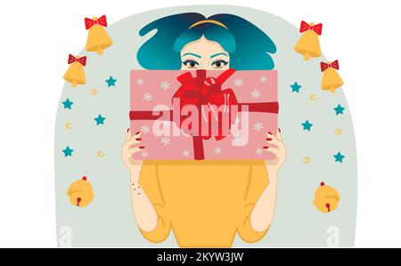 Blue haired Pin-up girl with Christmas box gift illustration Stock Vector