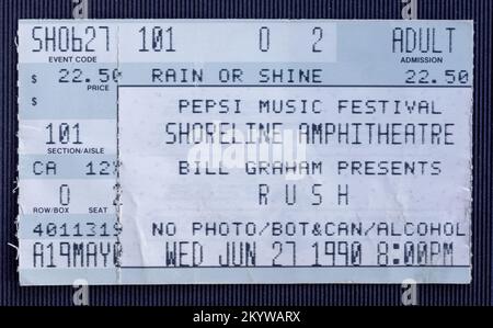 Mountain View, California - June 27, 1990 - Old used ticket for the concert of Rush at Shoreline Amphitheatre Stock Photo