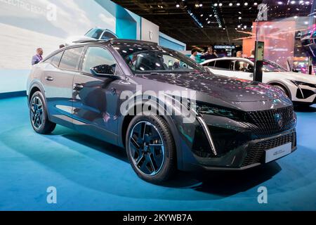 Peugeot 408 plug-in hybrid car showcased at the Paris Motor Show, France - October 17, 2022. Stock Photo