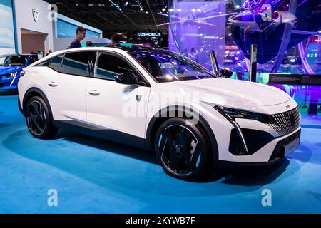 Peugeot 408 Plug-In Hybrid car showcased at the Paris Mondial de l'Automobile. Paris, France - October 17, 2022. Stock Photo