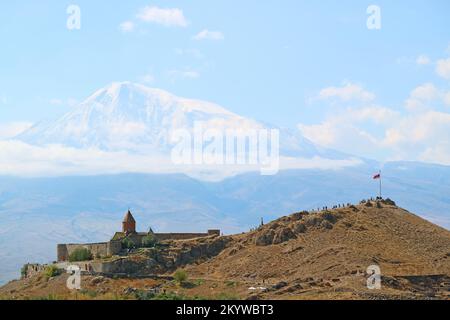 Spectacular View of Khor Virap Monastery with Snow Covered Ararat Mountain in the Backdrop, Artashat, Armenia Stock Photo