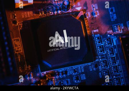 Artificial intelligence concept with computer chip. AI microprocessor closeup. Stock Photo