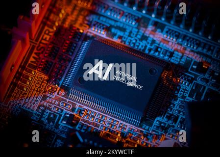 Artificial intelligence concept with computer chip. AI microprocessor closeup. Stock Photo