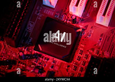 Artificial intelligence concept with computer chip. AI microprocessor closeup. Stock Photo