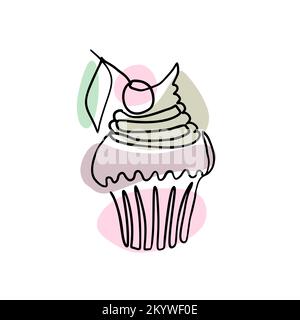 Single line drawing of cupcake with cherry on top Stock Vector