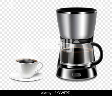 Realistic coffee machine with white coffee cup isolated on transparent background, Coffee maker 3d vector illustration. Stock Vector
