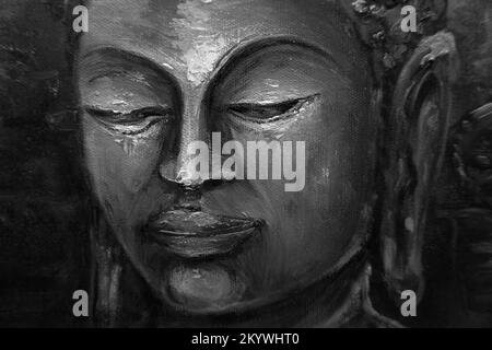 Art painting oil color Buddha statue in Dark From Thailand , black and white , monochrome Stock Photo