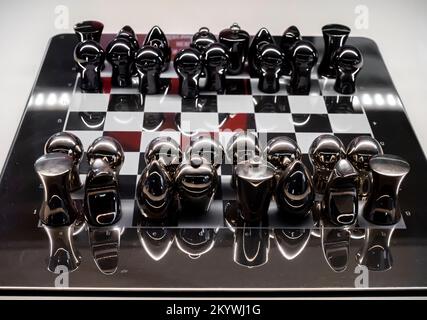 French chess set. Chess sets from France. Chess pieces. Chess figure.France. Metal Stock Photo