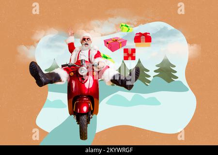 Creative photo 3d collage postcard poster picture of crazy santa hurry night eve ride fast snowy forest isolated on painting background