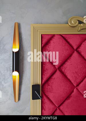 Viva Magenta velvet upholstered panel headboard in golden frame and elegant wall sconces. Image toned in color of the year 2023 viva magenta Stock Photo