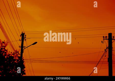 Blackout, power grid overloaded. Blackout concept. Earth hour. Burning flame candle and power lines on background. Energy crisis. Orange sky. Stock Photo