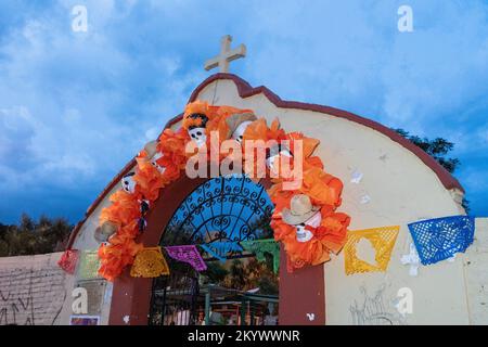 The entrance to the Xochimilco Cemetery decorated for the Day of the Dead or Dia de los Muertos, Oaxaca, Mexico. Stock Photo