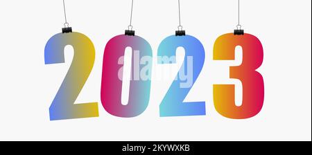Happy new year 2023. Hanging colourful numbers. Stock Vector