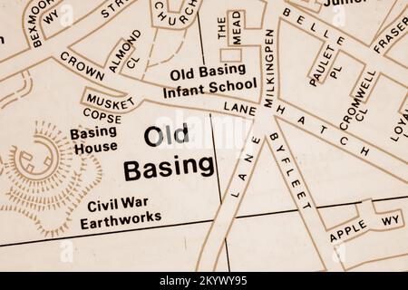 Old Basing village in Hampshire, United Kingdom atlas map town name - sepia Stock Photo