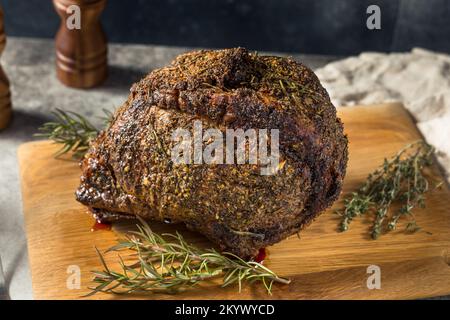 Homemade Standing Prime Rib Beef Roast with Horseradish Sauce and Potatoes Stock Photo