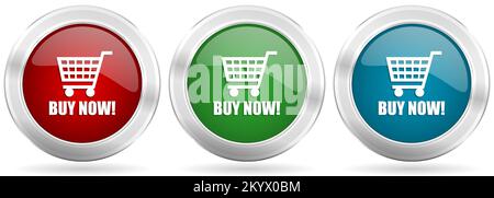 Buy now vector icon set. Red, blue and green silver metallic web buttons with chrome border Stock Vector