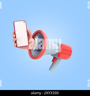 share concept marketing time loudspeaker with hand and empty screen smartphone Stock Photo