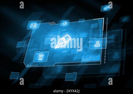 Holographic display with a pen icon as a symbol of an electronic signature. Document approval options. Stock Photo