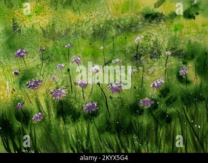 Wildflowers in a green meadow. Loose watercolor painting wet into wet. Stock Photo