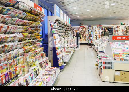 LEIPZIG, GERMANY - SEPTEMBER 11, 2014: interior of book shop in Leipzig Airport. Leipzig Airport is an international airport located in Schkeuditz, Sa Stock Photo