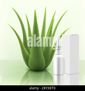 Aloe vera leaves. Organic cosmetics product tubes ad banner, natural eco cosmetic bottle mockup. Moisturizing cosmetic beauty product gel or body loti Stock Vector