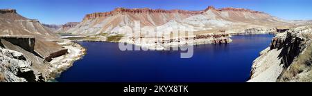 Very large panorama of Band-e Amir lakes near Bamyan (Bamiyan) in Central Afghanistan. Stock Photo