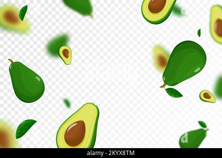 Flying avocado, seamless pattern background with whole and half of avocado fruit with kernels, with blurred effect. Realistic 3d vector illustration. Stock Vector