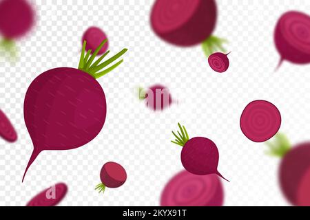 Falling beet, isolated on transparent background. Flying whole and sliced beets vegetable with blurry effect. Can be used for wallpaper, banner, poste Stock Vector