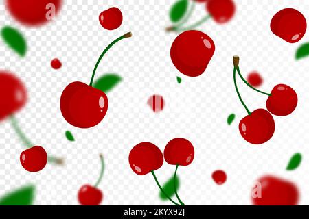 Flying red juicy cherry background with defocused blur effect. Berries of different size on transparent background. Can be used for wallpaper, banner, Stock Vector