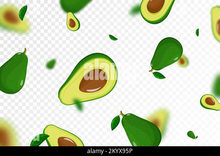 Flying avocado, seamless pattern background with whole and half of avocado fruit with kernels, with blurred effect. lat design vector illustration. Fa Stock Vector