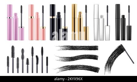 Set of mascara tubes, eyelash brushes and black brush strokes, isolated on white background. Mockups for advertising or magazine page, cosmetic object Stock Vector