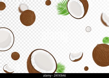 Flying coconuts, seamless pattern background with green palm leaves and halves of coconut with blurred effect, realistic 3d vector illustration. Falli Stock Vector
