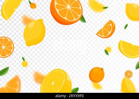 Citrus background. Flying Lemon and orange with green leaf on transparent background. Lemon and orange falling from different angles. Focused and blur Stock Vector