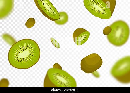 Kiwi background. Flying whole and half of kiwi fruit, seamless pattern with defocused blur effect. Can be used for wallpaper, banner, poster, print, f Stock Vector
