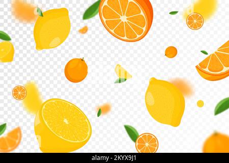Orange citrus background. Flying orange with green leaf on transparent ...