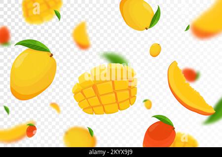 Flying mango, seamless pattern background with green leaves and sliced of mango fruits. Blurry effect, realistic 3d vector illustration. Falling mango Stock Vector