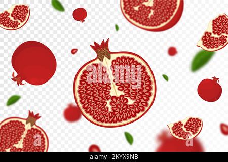 Falling pomegranate, isolated on transparent background. Flying whole and sliced pomegranates fruits with blurry effect. Can be used for advertising, Stock Vector