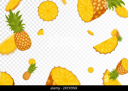 Flying pineapples, seamless pattern background with a whole and sliced pineapple fruits. Falling pineapples with blurred effect, realistic 3d vector i Stock Vector