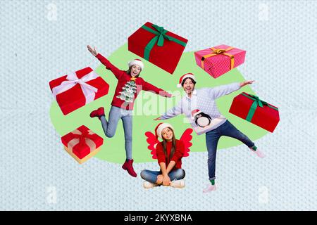 Collage photo concept of young family people jumping air trampoline celebrate big gift promo gifts schoolgirl wish isolated on blue color background Stock Photo