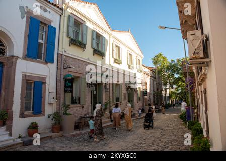 Ayvalik, Turkey - July 19, 2022 : Street view in Cunda Island in Ayvalik. Ayvalik is an old town by the Aegean Sea. historical streets Stock Photo