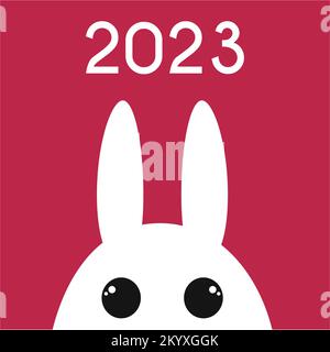 New Year 2023 banner with cute kawaii rabbit on magenta background. Chinese year of the rabbit. Stock Vector