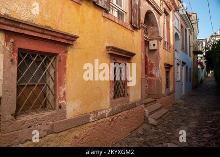 Ayvalik, Turkey - July 19, 2022 : Street view in Cunda Island in Ayvalik. Ayvalik is an old town by the Aegean Sea. historical streets Stock Photo