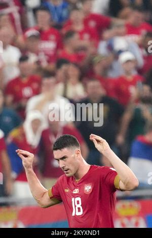 Doha, Qatar. 2nd Dec, 2022. Dusan Vlahovic of Serbia celebrates his goal during the Group G match between Serbia and Switzerland at the 2022 FIFA World Cup at Stadium 974 in Doha, Qatar, Dec. 2, 2022. Credit: Li Gang/Xinhua/Alamy Live News Stock Photo